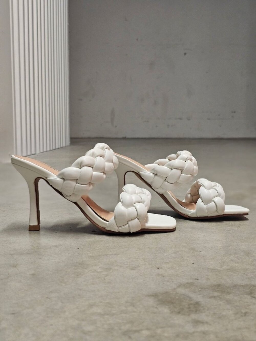 White Braided Heeled Sandals With Square Toe & Slip-On Style